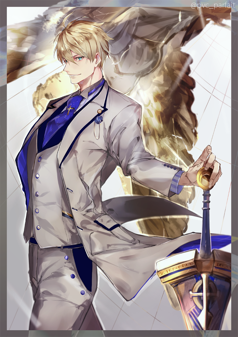 1boy ahoge arthur_pendragon_(fate) blonde_hair blue_eyes blue_neckwear excalibur_(fate/prototype) fate/grand_order fate_(series) formal from_side gradient gradient_background hair_between_eyes holding looking_at_viewer male_focus necktie pants pixiv_fate/grand_order_contest_2 pvc_parfait shiny shiny_hair smile solo standing suit sword weapon white_suit