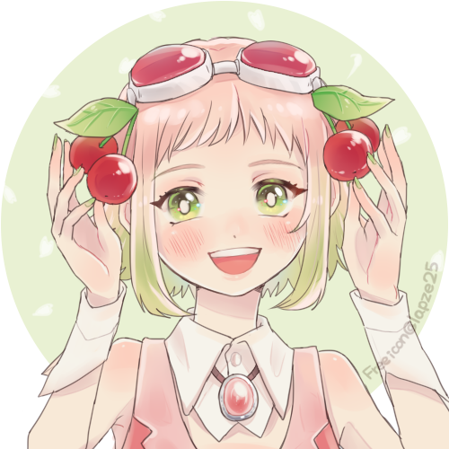 1girl bare_shoulders blush brooch cherry_hair_ornament food_themed_hair_ornament goggles goggles_on_head gradient_hair green_eyes gumi hair_ornament jewelry looking_at_viewer lowres multicolored_hair open_mouth pink_hair pink_shirt raputsue red_goggles sakura_gumi shirt sidelocks smile solo vocaloid wrist_cuffs