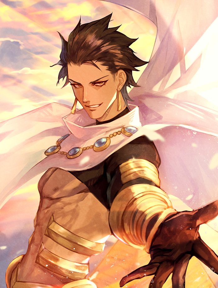 1boy abs ahoge bare_chest black_hair brown_hair cape cloak dark_skin dark_skinned_male earrings fate/grand_order fate_(series) gloves hair_pulled_back jewelry looking_at_viewer male_focus outstretched_hand ozymandias_(fate) short_hair smile smirk solo spiky_hair yellow_eyes yepnean