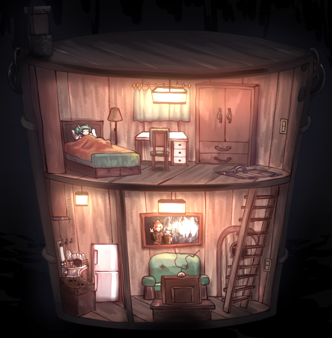 2girls bed bedroom blonde_hair bucket cabinet ceiling_light chair chimney couch desk door green_hair house in_bucket in_container kisume kitchen kurodani_yamame ladder living_room multiple_girls portrait_(object) refrigerator sink sleeping solo sunyup television touhou under_covers v window