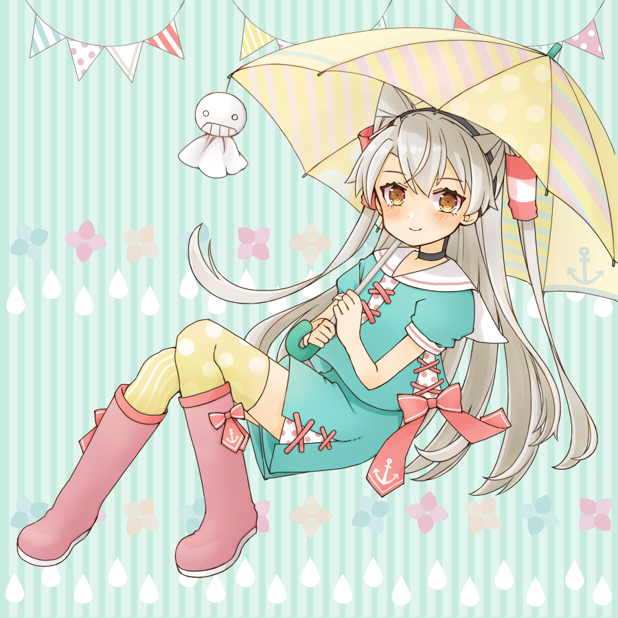 1girl amatsukaze_(kantai_collection) anchor_symbol blush boots bow_legwear choker cocoperino cross-laced_clothes dress floral_print green_dress green_jacket grey_hair jacket kantai_collection layered_skirt long_hair raindrop_print reclining red_footwear rubber_boots side_slit skirt solo streamers striped striped_background striped_umbrella teruterubouzu thigh-highs twintails umbrella yellow_eyes yellow_legwear