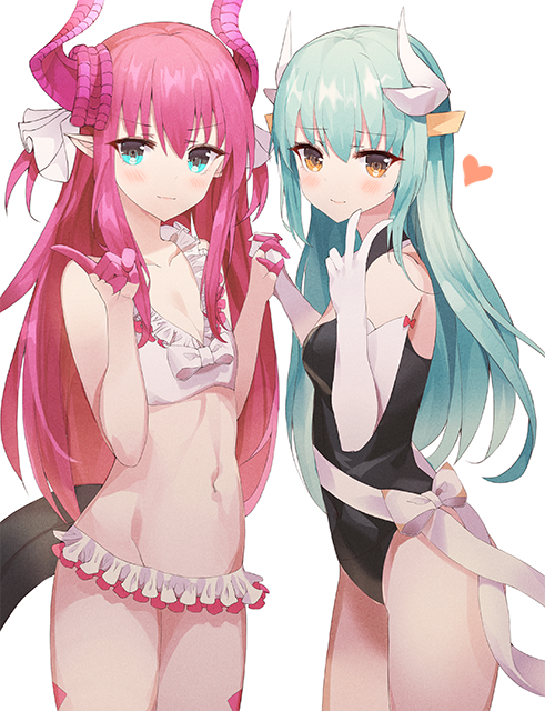 2girls bikini blue_eyes breasts commentary_request curled_horns elbow_gloves elizabeth_bathory_(fate) elizabeth_bathory_(fate)_(all) fate/grand_order fate_(series) frilled_bikini frills gloves green_hair hair_ribbon heart holding_hands horns interlocked_fingers kiyohime_(fate/grand_order) long_hair looking_at_viewer multiple_girls navel one-piece_swimsuit pink_hair pink_horns pointy_ears ribbon shaffelli silver_hair simple_background small_breasts swimsuit tail white_background white_bikini white_gloves white_horns white_ribbon yellow_eyes