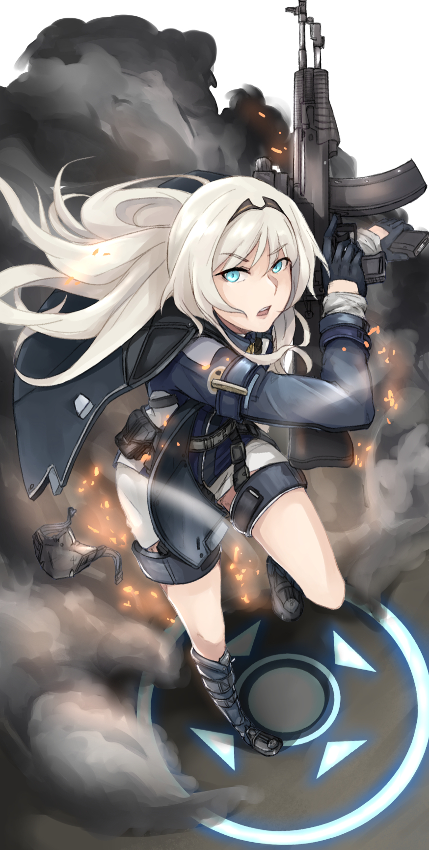 1girl an-94_(girls_frontline) assault_rifle bangs belt black_gloves blue_eyes eyebrows_visible_through_hair girls_frontline gloves gun hairband highres holding holding_gun holding_weapon jacket long_hair looking_at_viewer mask mask_removed noir_(4chan) platinum_blonde_hair rifle smoke solo weapon