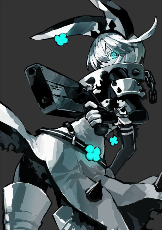 1girl artist_request bad_source blue_eyes boots clover collar dress earrings elphelt_valentine expressionless fingerless_gloves flower four-leaf_clover gloves glowing glowing_eyes grey_hair guilty_gear guilty_gear_xrd gun hairband handgun hat jewelry limited_palette looking_at_viewer looking_back monochrome revolver short_hair silver_hair simple_background solo source_request spikes veil weapon white_hair