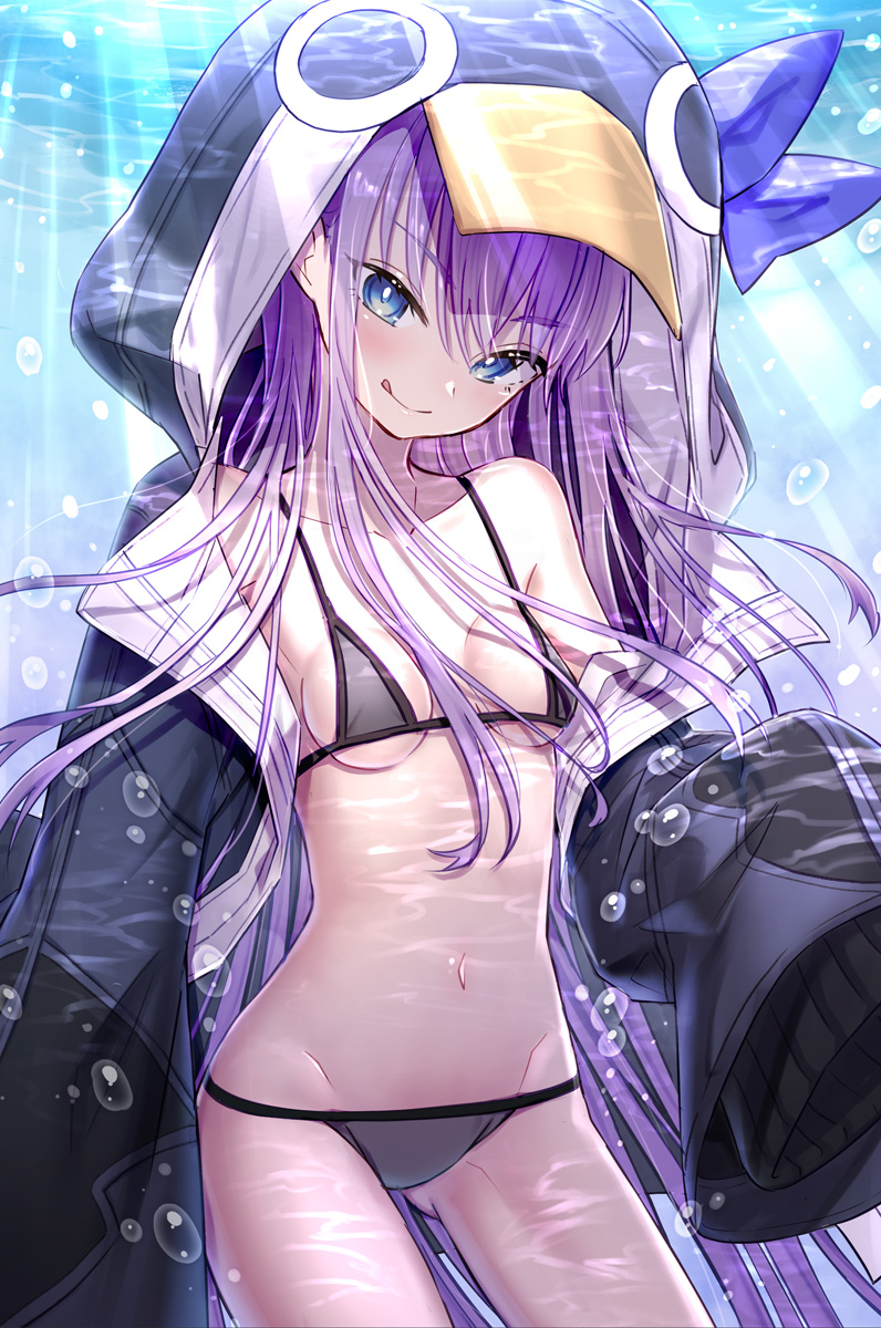 1girl 90kyuuri air_bubble animal_hood bangs bare_shoulders bikini black_bikini black_jacket blue_bow blue_eyes blush bow breasts bubble closed_mouth collarbone fate/grand_order fate_(series) highres hood hood_up jacket licking_lips long_hair long_sleeves looking_at_viewer meltryllis meltryllis_(swimsuit_lancer)_(fate) navel open_clothes open_jacket penguin_hood purple_hair sleeves_past_fingers sleeves_past_wrists small_breasts smile submerged swimming swimsuit thighs tongue tongue_out underwater very_long_hair