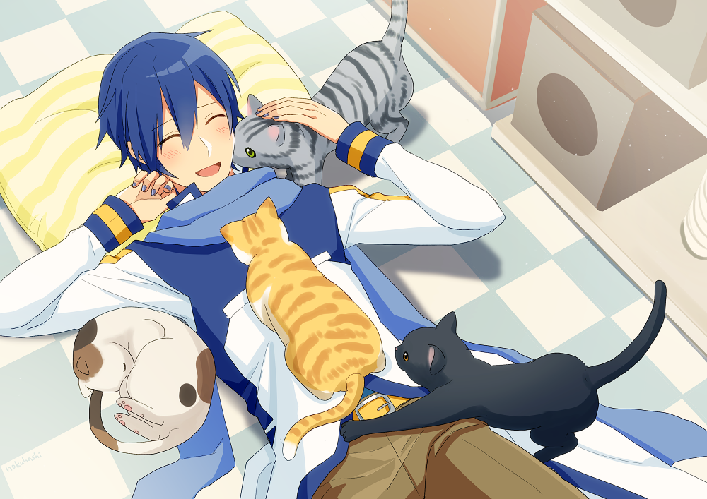 1boy belt black_cat blue_hair blue_nails blue_scarf brown_pants cat cat_on_person closed_eyes coat commentary grey_cat kaito light_blush lying male_focus nail_polish nokuhashi on_back open_mouth orange_cat pants petting pillow scarf shelf smile speaker tiles vocaloid white_cat white_coat