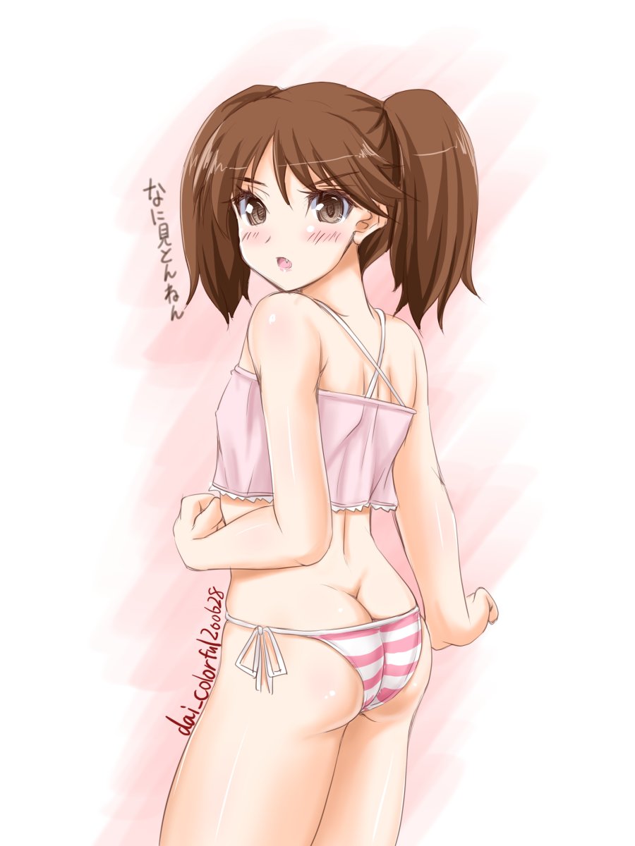 1girl akimoto_dai ass brown_eyes brown_hair butt_crack commentary_request cowboy_shot dated from_behind highres kantai_collection looking_at_viewer midriff panties pink_camisole ryuujou_(kantai_collection) side-tie_panties solo striped striped_panties translation_request twintails twitter_username underwear
