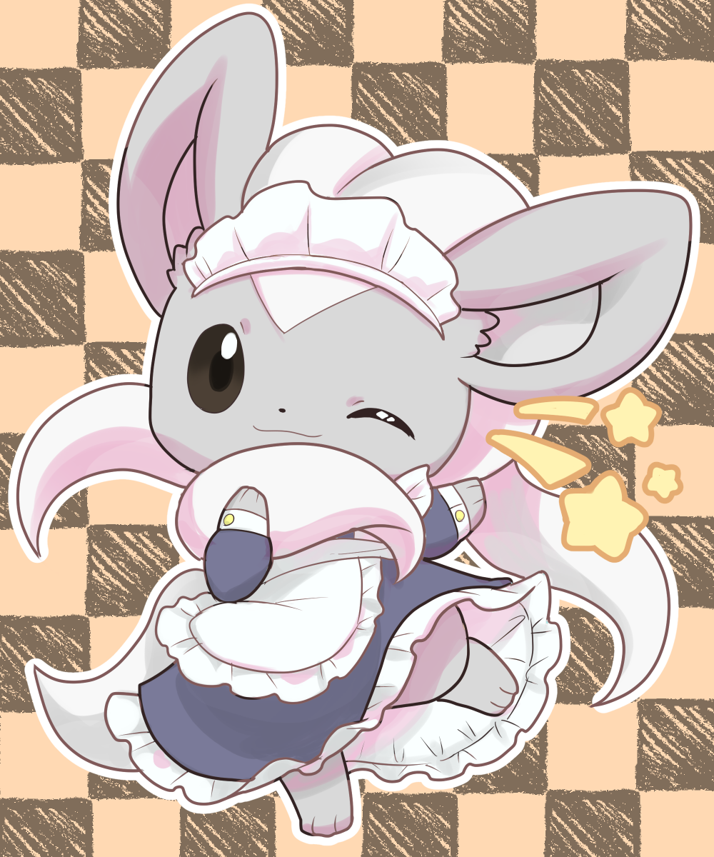 apron black_eyes checkered checkered_background cinccino closed_mouth clothed_pokemon commentary_request dress gen_5_pokemon grey_dress highres looking_at_viewer maid maid_apron maid_dress maid_headdress no_humans one_eye_closed pokemon smile solo standing standing_on_one_leg star_(symbol) wadorigi white_apron white_headdress