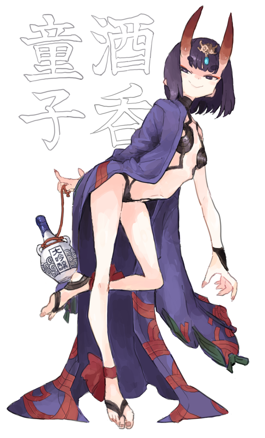 1girl bad_anatomy blush board_game closed_mouth eyeshadow fate_(series) fingernails gem go gourd highres holding horns japanese_clothes kasa makeup navel oni oni_horns purple_hair red_eyeshadow sharp_fingernails short_eyebrows short_hair shuten_douji_(fate/grand_order) simple_background smile solo toenails violet_eyes white_background