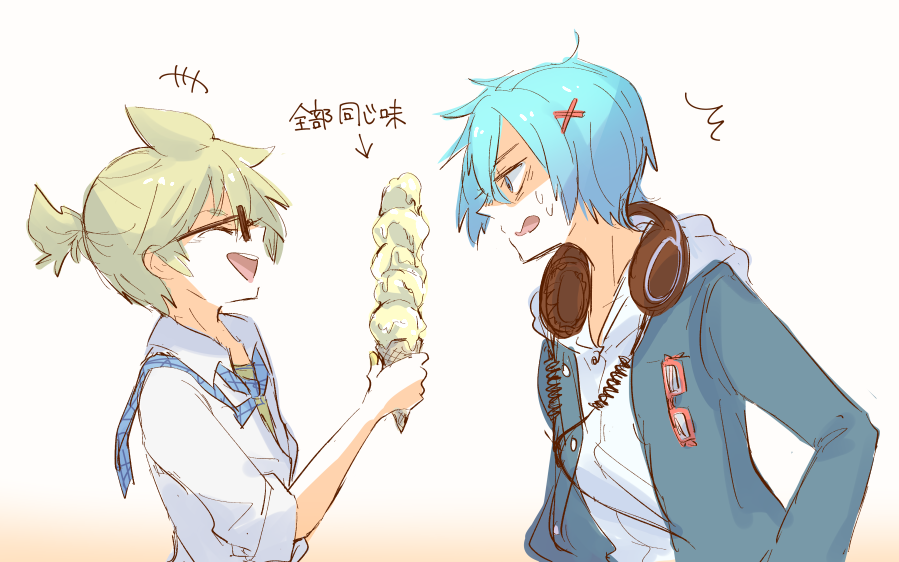 +++ /\/\/\ 2boys blonde_hair blue_hair blue_jacket cable closed_eyes commentary food glasses hair_ornament hairclip headphones headphones_around_neck holding holding_food hood hoodie ice_cream ice_cream_cone jacket kagamine_len kaito laughing male_focus miso23so multiple_boys nail_polish necktie open_mouth plaid_neckwear project_diva_(series) school_jersey_(module) school_uniform_parka_(module) shirt short_ponytail smile spiky_hair sweat too_many too_many_scoops translated vocaloid white_hoodie white_shirt yellow_nails