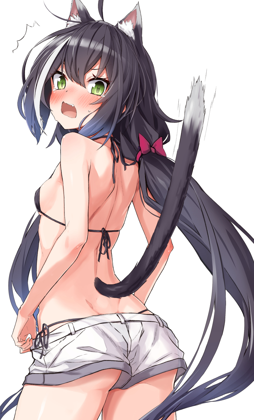 1girl ahoge animal animal_ears ass bare_arms bare_back bare_shoulders bikini black_bikini black_hair black_ribbon blush bow breasts cat_ears cat_girl cat_tail cowboy_shot dimples_of_venus eyebrows_visible_through_hair from_behind green_eyes hair_bow highres karyl_(princess_connect!) long_hair looking_at_viewer looking_back low_twintails multicolored_hair nose_blush open_mouth princess_connect! princess_connect!_re:dive purple_bow ribbon short_shorts shorts sideboob simple_background small_breasts solo streaked_hair swimsuit tail takanashi_kei_(hitsujikan) thighs twintails v-shaped_eyebrows very_long_hair white_background white_hair white_shorts