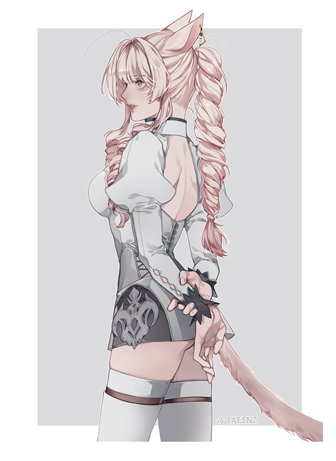 1girl animal_ears arms_behind_back bangs blonde_hair blush breasts cat_ears cat_tail cowboy_shot earrings facing_away final_fantasy final_fantasy_xiv jewelry long_hair medium_breasts miqo'te ponytail profile seth_(taesnz) simple_background solo tail thigh-highs two-tone_background