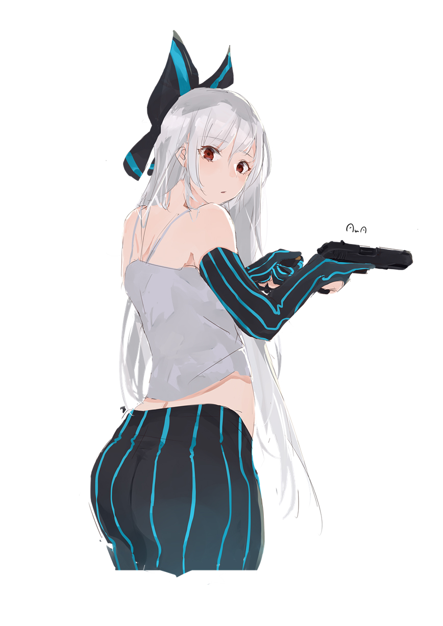 1girl alternate_costume ass black_bow black_legwear blue_bow blue_stripes bow casual elbow_gloves girls_frontline gloves gun hair_bow handgun highres holding holding_gun holding_weapon long_hair looking_at_viewer looking_back magazine_(weapon) pantyhose parted_lips partly_fingerless_gloves red_eyes reloading rotalasp signature silver_hair simple_background sketch solo spaghetti_strap striped striped_bow striped_legwear tokarev_(girls_frontline) tokarev_tt-33 trigger_discipline underwear underwear_only vertical-striped_gloves vertical-striped_legwear vertical_stripes very_long_hair weapon white_background