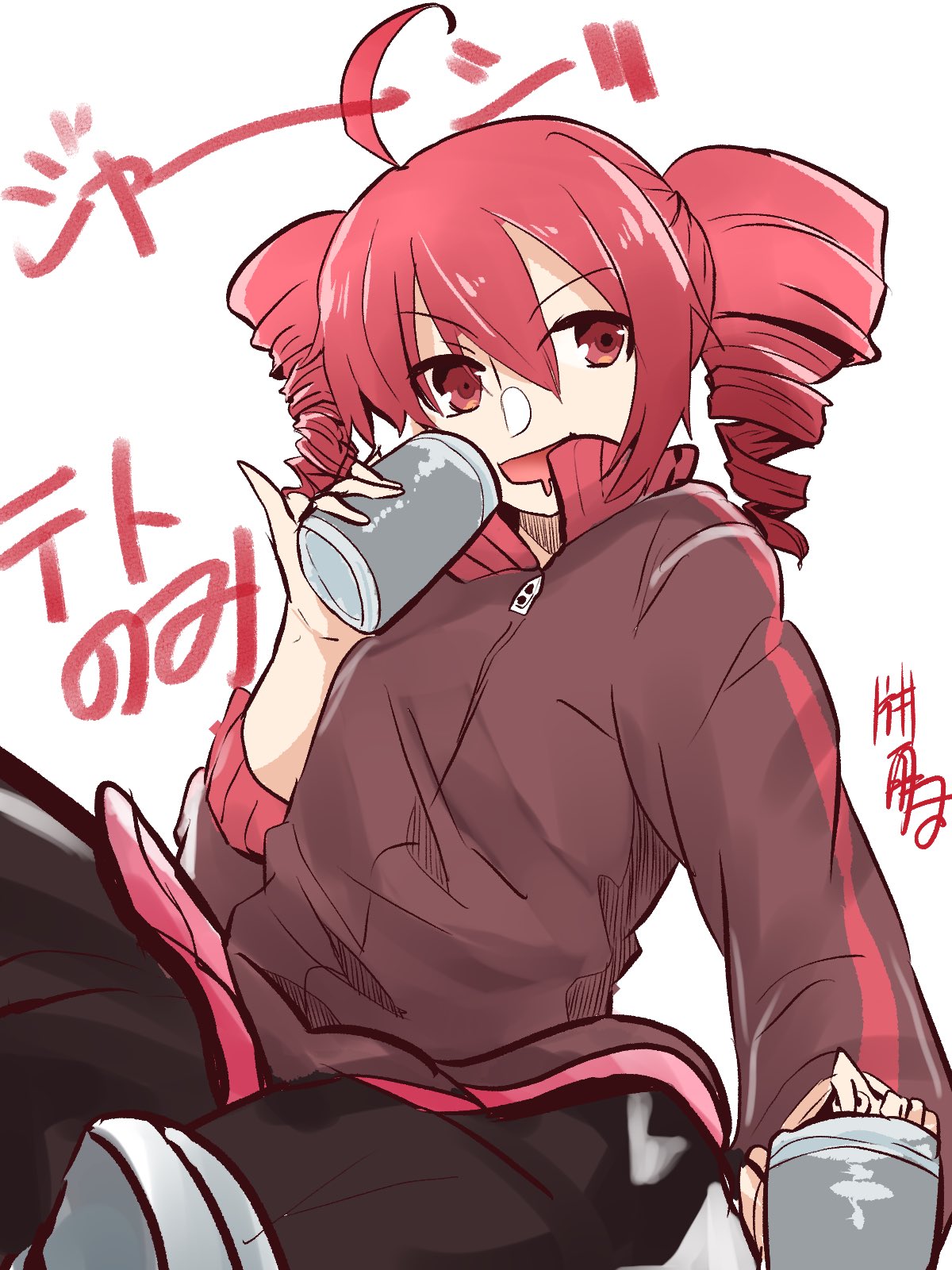 1girl can drill_hair highres holding holding_can jacket kasane_teto katai_ameshi mouth_drool open_mouth pinky_out red_eyes red_jacket redhead sitting smile solo track_jacket translated twin_drills utau v-shaped_eyebrows white_background zipper_pull_tab