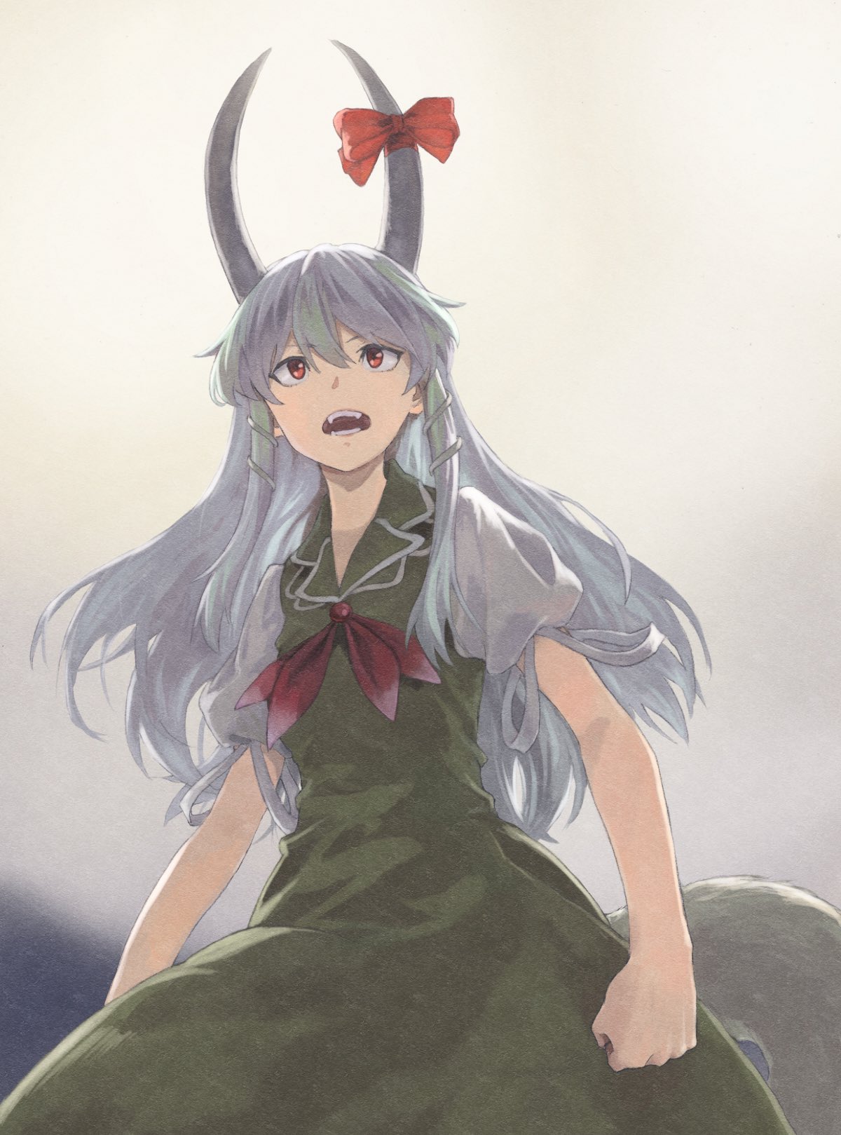1girl bow clenched_hand collared_dress commentary_request dress ex-keine fangs from_below full_moon green_dress hair_between_eyes highres horn_bow horn_ornament horn_ribbon horns kamishirasawa_keine long_hair moon neck_ribbon open_mouth puffy_short_sleeves puffy_sleeves red_bow red_eyes red_neckwear red_ribbon ribbon shiratama_(hockey) short_sleeves sidelocks silver_hair solo tail teeth touhou traditional_media white_ribbon