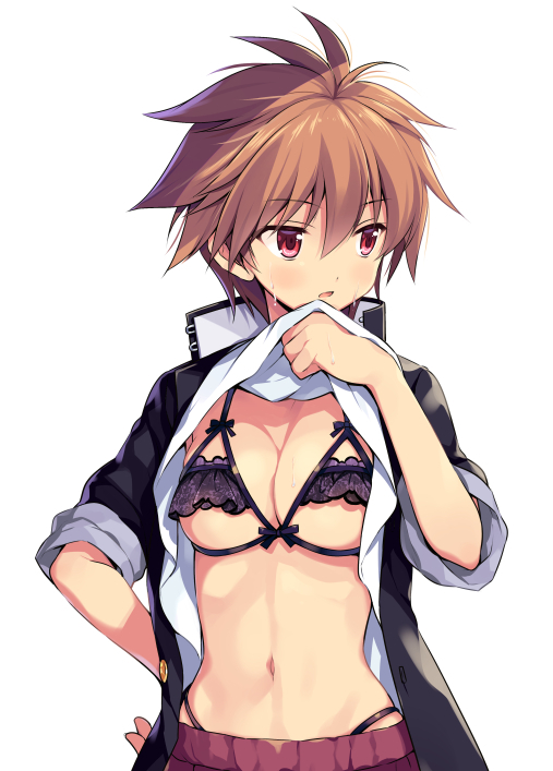 1girl bangs black_jacket blush bra breasts brown_hair commentary_request eguchi_sera eyebrows_visible_through_hair hand_on_hip jacket lifted_by_self looking_away looking_to_the_side medium_breasts navel odawara_hakone open_clothes open_jacket parted_lips purple_bra red_eyes saki saki_achiga-hen shirt_lift short_hair short_sleeves simple_background skindentation solo stomach sweat thong tomboy under_boob underwear upper_body white_background wiping_sweat