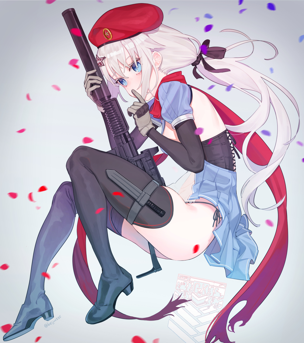 1girl 9a-91 9a-91_(girls_frontline) assault_rifle beret black_footwear blue_eyes boots breasts bright_pupils brown_gloves corset dagger finger_to_mouth full_body girls_frontline gloves gun hair_ornament hair_ribbon hat juz long_hair looking_at_viewer low_ponytail medium_breasts panties petals red_scarf ribbon rifle scarf see-through side-tie_panties sideboob sidelocks silver_hair solo string_panties thigh-highs thigh_boots underwear weapon