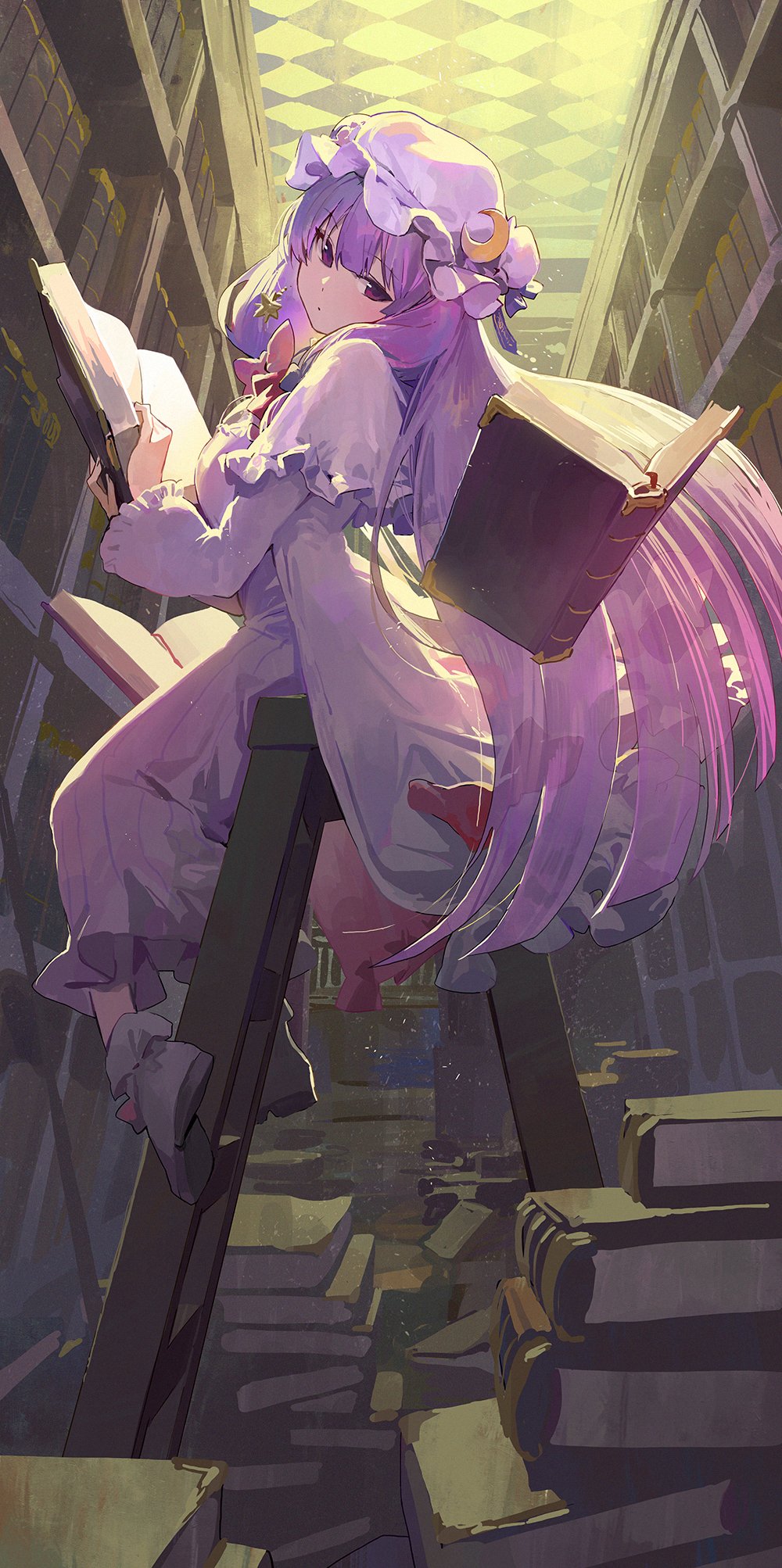 1girl backlighting blue_bow book book_stack bookshelf bow breasts capelet checkered crescent crescent_moon_pin dress expressionless from_side full_body hat head_tilt highres holding holding_book indoors library long_hair long_sleeves looking_at_viewer medium_breasts mob_cap mossi patchouli_knowledge purple_capelet purple_dress purple_hair red_bow sitting solo touhou very_long_hair violet_eyes