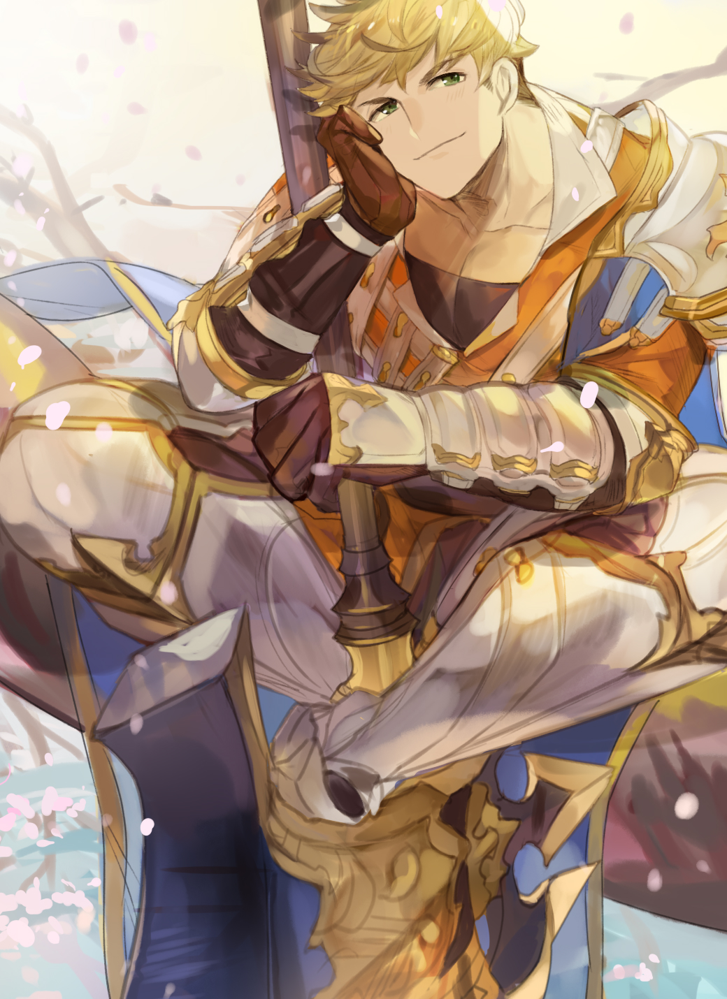 1boy armor bangs blonde_hair blush chest gloves granblue_fantasy green_eyes hand_on_own_cheek highres holding holding_weapon leather looking_at_viewer male_focus muscle pectorals picube525528 polearm simple_background sitting smile solo toned toned_male upper_body vambraces vane_(granblue_fantasy) weapon