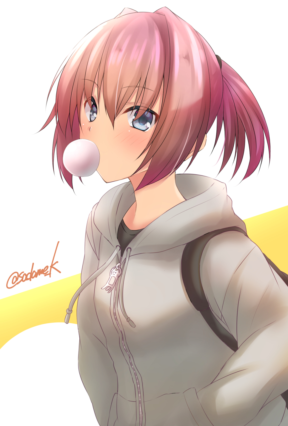 1girl blue_eyes blush bubble_blowing chewing_gum eyebrows_visible_through_hair grey_jacket hair_between_eyes hands_in_pockets highres hood hooded_jacket jacket kamijou_sadame kantai_collection long_sleeves pink_hair ponytail shiranui_(kantai_collection) short_hair solo twitter_username upper_body zipper zipper_pull_tab