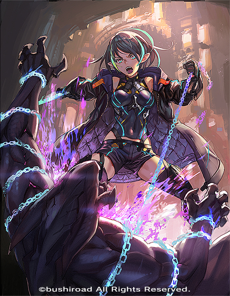 1girl bare_shoulders battle black_hair black_legwear blue_eyes cardfight!!_vanguard chain claws covered_navel fire garter_straps green_hair harusame_tsubaki holding holding_chain jacket monster multicolored multicolored_hair o.m official_art open_clothes open_jacket outdoors padded_jacket pointy_ears purple_fire purple_jacket short_hair standing teeth tongue vanguard_(warship_girls_r) zipper