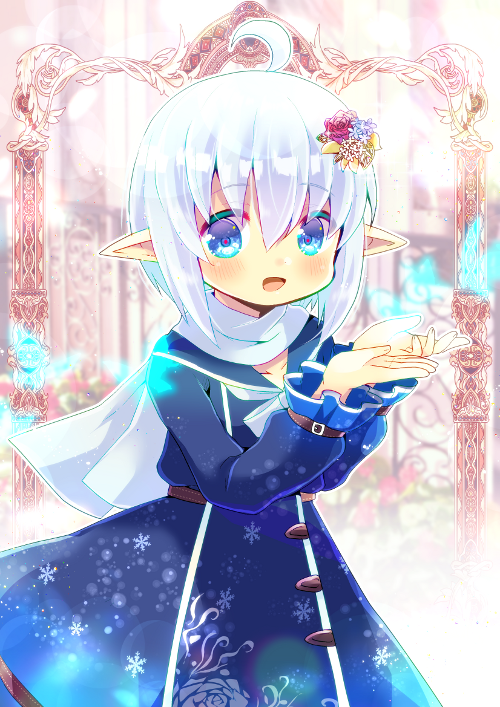 1girl :d ahoge bangs blue_dress blue_eyes blue_flower blue_sailor_collar blush commentary_request commission dress eyebrows_visible_through_hair floral_print flower hair_between_eyes hair_flower hair_ornament hands_up kouu_hiyoyo long_sleeves open_mouth original pointy_ears print_dress puffy_long_sleeves puffy_sleeves red_flower red_rose rose rose_print sailor_collar sailor_dress scarf silver_hair smile solo white_flower white_scarf