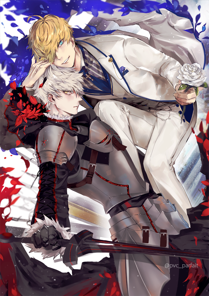 2boys ahoge alternate_design armor arthur_pendragon_(fate) bangs black_neckwear blonde_hair blue_eyes blue_petals breastplate excalibur_(fate/prototype) fate/grand_order fate_(series) faulds flower formal gauntlets greaves hand_in_another's_hair holding long_sleeves looking_at_viewer male_focus multiple_boys necktie pauldrons petals pin pvc_parfait rose_petals shiny shiny_hair shoulder_armor smile suit sword upper_body weapon white_flower white_hair white_suit yellow_eyes