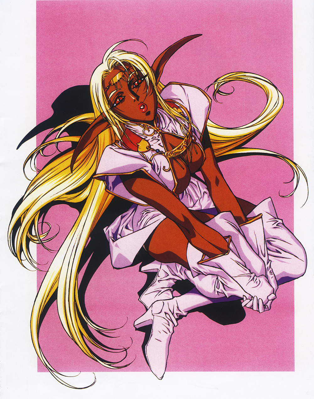 1990s_(style) 1girl blonde_hair boots dark_skin full_body gloves hands_on_own_knee hands_together high_heels highres izubuchi_yutaka lips long_hair looking_at_viewer official_art parted_lips pirotess pointy_ears record_of_lodoss_war red_eyes scan shadow skirt solo thigh-highs thigh_boots v_arms