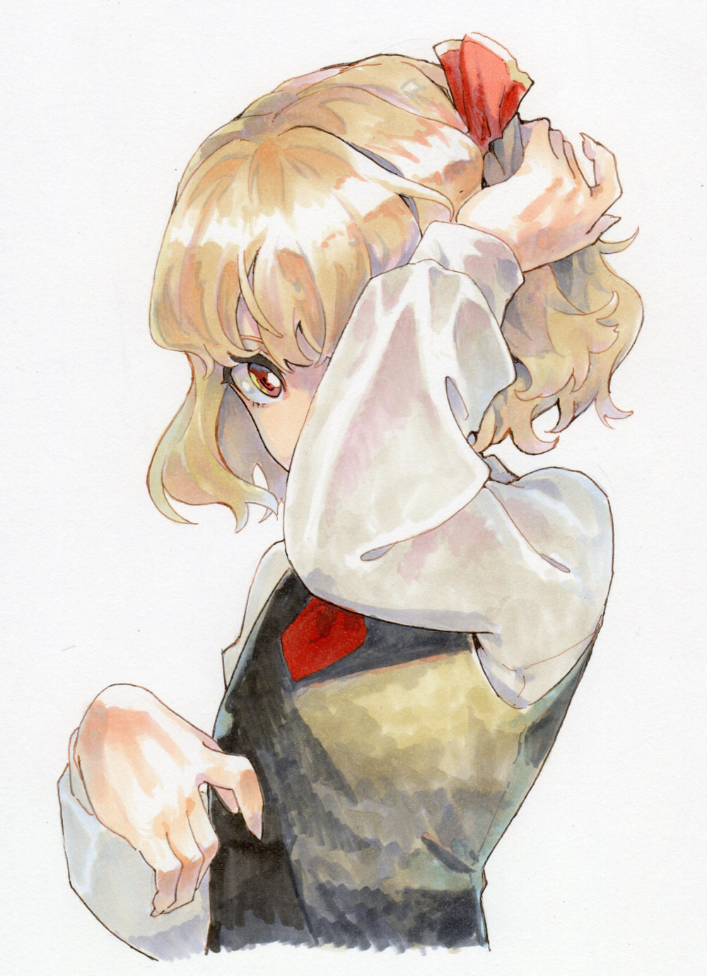 1girl arm_up bangs black_vest blonde_hair commentary covering_mouth covering_one_eye fingernails grey_background hair_ribbon hair_tousle hand_in_hair hand_over_eye hand_up highres long_fingernails long_sleeves looking_at_viewer outstretched_hand red_eyes red_neckwear red_ribbon ribbon rumia sharp_fingernails shiratama_(hockey) shirt short_hair simple_background solo touhou traditional_media undershirt upper_body vest white_shirt