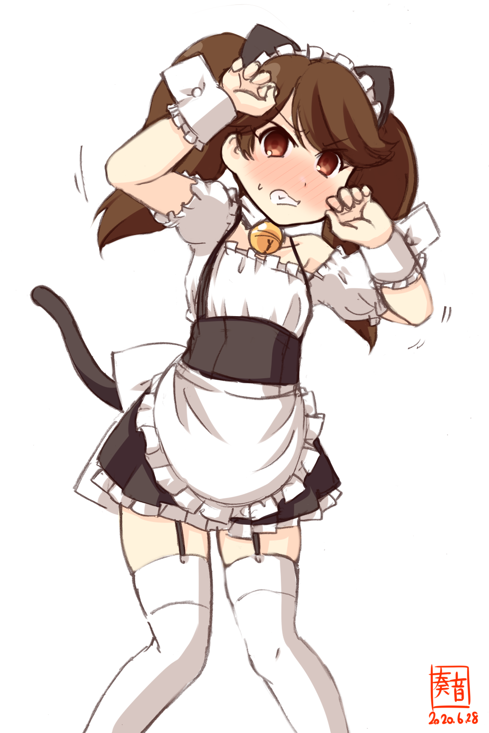 1girl alternate_costume animal_ears apron artist_logo black_skirt blouse cat_ears cat_tail clenched_teeth commentary_request cowboy_shot dated detached_collar enmaided flat_chest frilled_apron frilled_blouse frills garter_straps highres kanon_(kurogane_knights) kantai_collection maid maid_headdress pleated_skirt ryuujou_(kantai_collection) simple_background skirt solo suspender_skirt suspenders tail teeth thigh-highs waist_apron white_apron white_background white_blouse white_legwear wrist_cuffs