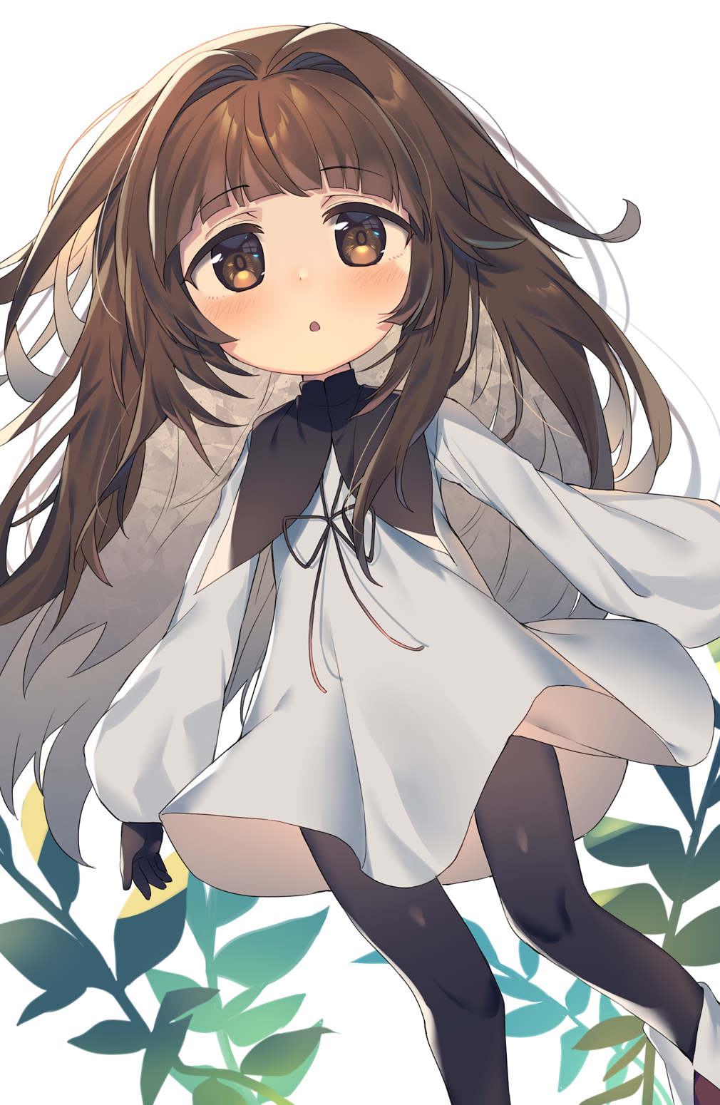1girl :o bangs black_gloves black_legwear black_ribbon blush boots brown_eyes brown_footwear brown_hair commentary deemo dress eyebrows_visible_through_hair girl_(deemo) gloves highres long_hair long_sleeves neck_ribbon pantyhose parted_lips puffy_long_sleeves puffy_sleeves ribbon simple_background sleeves_past_wrists solo very_long_hair wagashi928 white_background white_dress