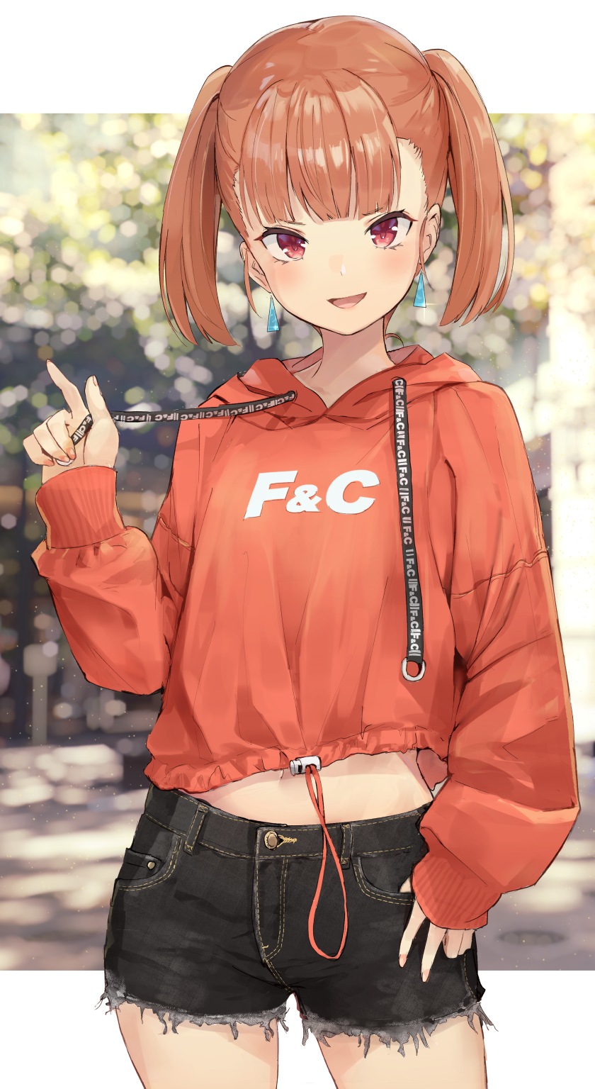 1girl belly_peek black_shorts blurry bokeh clothes_writing cowboy_shot cutoffs denim denim_shorts depth_of_field drawstring earrings grey_background hand_up highres holding hood hood_down hoodie isegawa_yasutaka jewelry long_hair long_sleeves looking_at_viewer midriff navel open_mouth orange_hair original red_eyes red_hoodie revision shirt_overhang short_shorts shorts smile solo standing symbol_commentary twintails