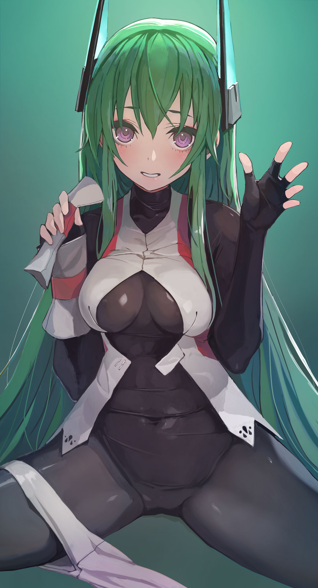 1girl bangs black_bodysuit black_gloves blush bodysuit breasts commentary_request covered_navel fingerless_gloves gloves green_hair headgear highres holding long_hair looking_at_viewer medium_breasts menou_kaname original parted_lips shorts shorts_around_one_leg sidelocks sitting skin_tight smile solo spread_legs straight_hair taishi_(picchiridou) very_long_hair violet_eyes white_shorts