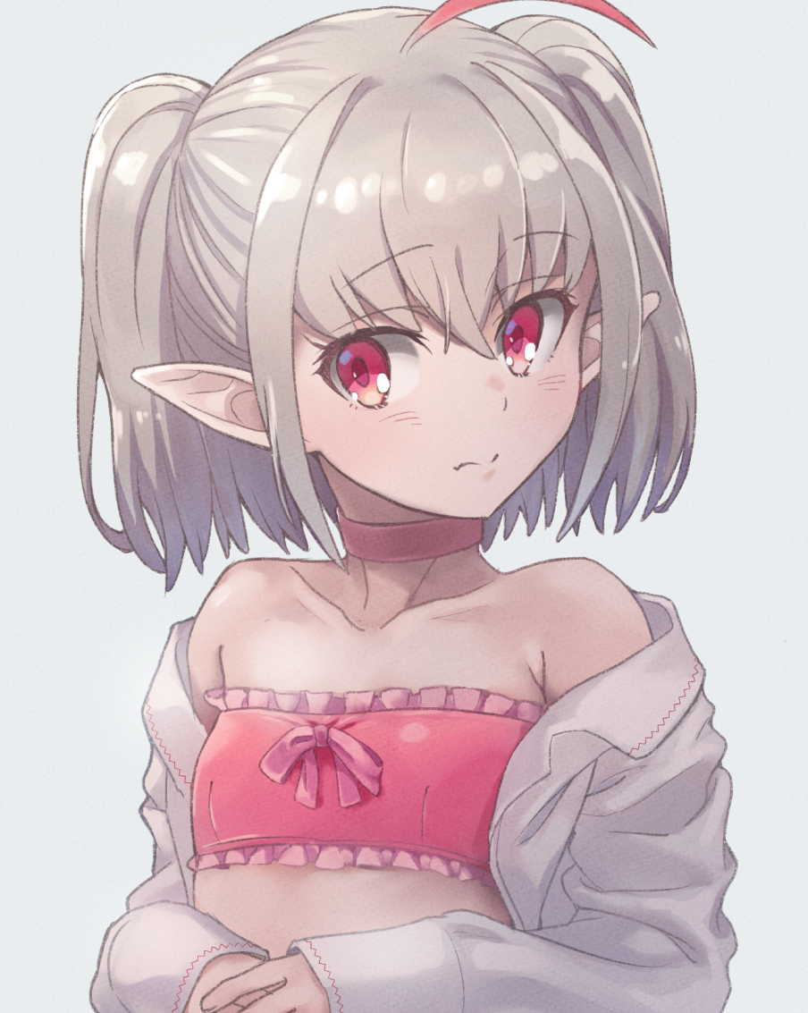 1girl ahoge bandeau bare_shoulders blush choker collarbone eyebrows_visible_through_hair flat_chest frills grey_hair long_sleeves makaino_ririmu medium_hair multicolored_hair nijisanji off_shoulder open_clothes open_shirt pink_ribbon pointy_ears red_eyes redhead ribbon sabamen shirt sidelocks simple_background sleeves_past_wrists solo strapless streaked_hair tubetop twintails upper_body virtual_youtuber