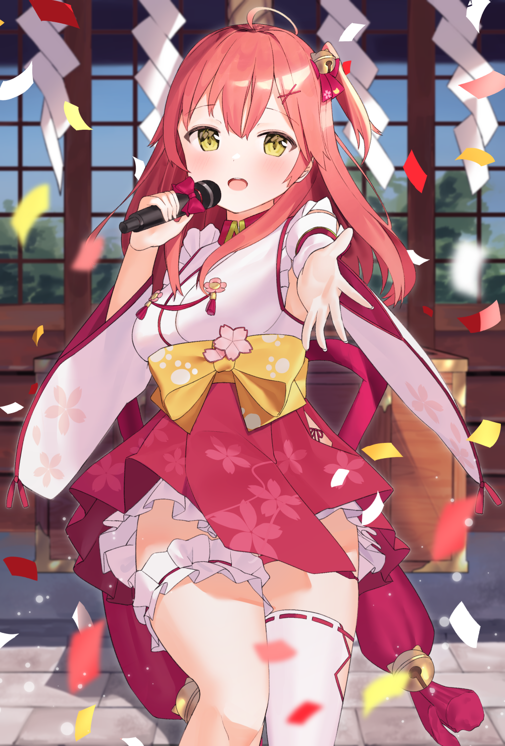 1girl ahoge bell blush cherry_blossom_print confetti floral_print hair_bell hair_ornament highres holding holding_microphone hololive idemitsu leg_garter long_hair looking_at_viewer microphone open_mouth paw_print_pattern reaching_out sakura_miko solo virtual_youtuber