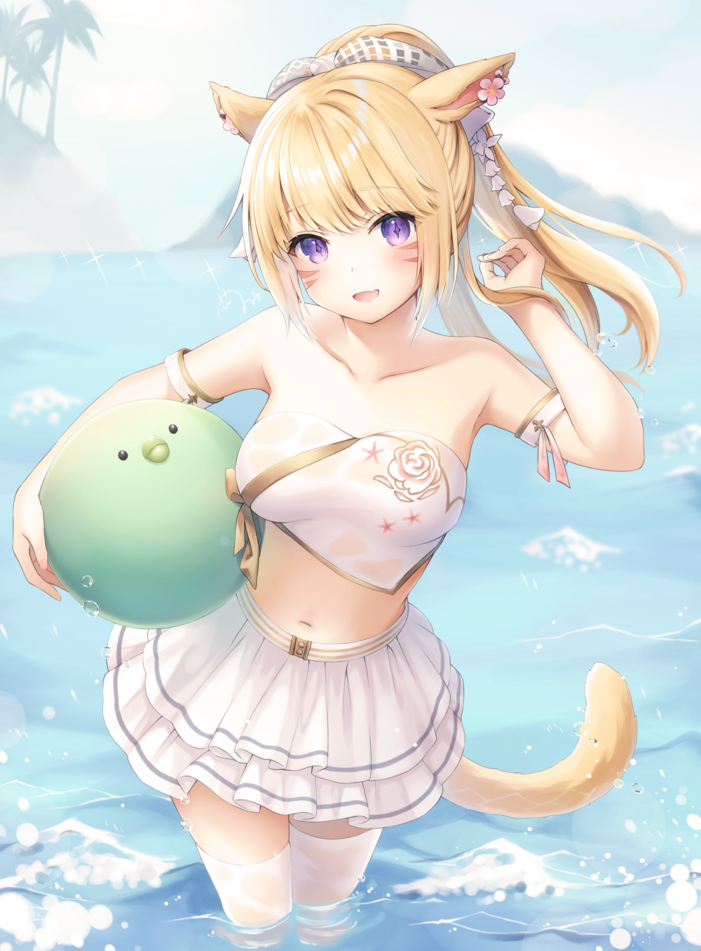 1girl animal_ears arm_strap arm_up ball bandeau bare_shoulders blonde_hair breasts cat_ears cat_girl cat_tail collarbone day facial_mark fang final_fantasy final_fantasy_xiv gold_trim highres holding kanora layered_skirt long_hair looking_at_viewer medium_breasts midriff miniskirt miqo'te navel open_mouth outdoors ponytail skirt smile solo stomach sunlight symbol-shaped_pupils tail thigh-highs violet_eyes wading water wet_legwear whisker_markings white_legwear white_skirt zettai_ryouiki