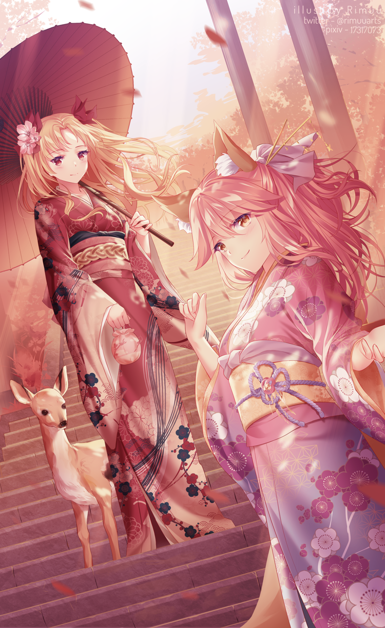 2girls animal_ear_fluff animal_ears bangs blonde_hair blush breasts deer ereshkigal_(fate/grand_order) fate/extra fate/grand_order fate_(series) floral_print flower fox_ears fox_girl fox_tail hair_flower hair_ornament highres japanese_clothes kimono long_hair long_sleeves looking_at_viewer medium_breasts multiple_girls obi oriental_umbrella pink_hair pink_kimono red_eyes red_kimono rimuu sash smile stairs tail tamamo_(fate)_(all) tamamo_no_mae_(fate) umbrella wide_sleeves yellow_eyes