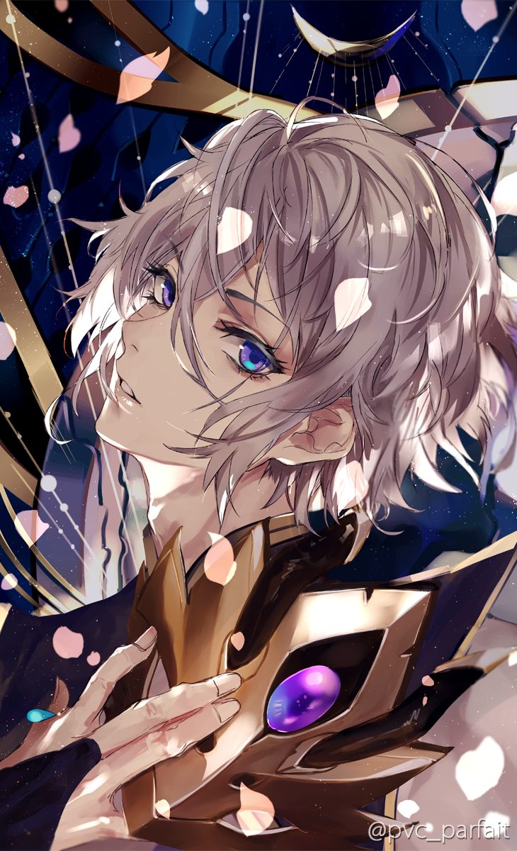 1boy artist_name bangs blue_eyes chinese_clothes close-up eyebrows_visible_through_hair fate/grand_order fate_(series) fingerless_gloves gao_changgong_(fate) gloves hair_between_eyes highres holding horned_mask light light_particles long_sleeves looking_at_viewer male_focus mask mask_removed open_mouth petals pvc_parfait shiny shiny_hair silver_hair solo twintails upper_body