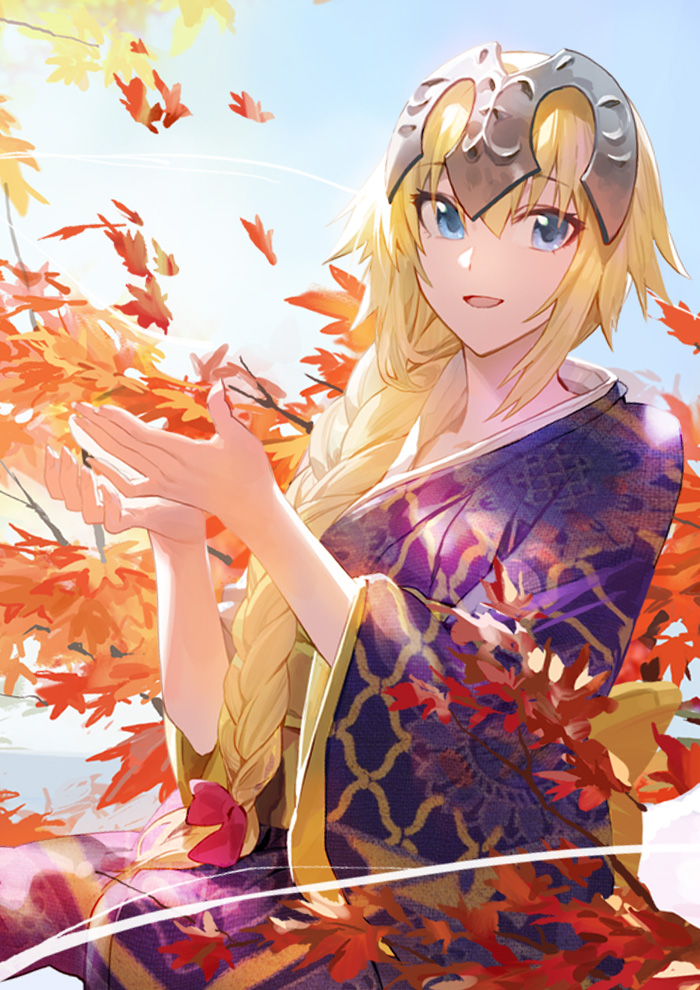 1girl autumn blonde_hair blue_eyes blue_sky braid braided_ponytail breasts fate/grand_order fate_(series) headpiece japanese_clothes jeanne_d'arc_(fate) jeanne_d'arc_(fate)_(all) kimono leaf mossi multicolored multicolored_clothes multicolored_kimono purple_kimono sidelocks sky smile