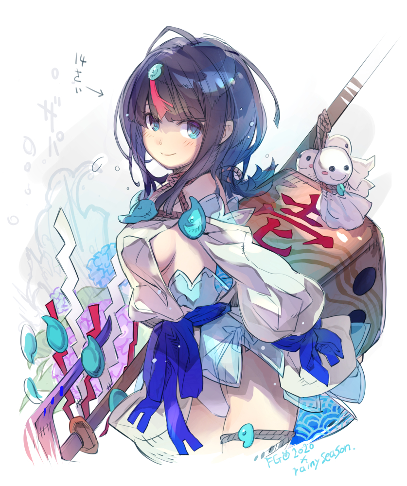 1girl bangs bare_shoulders black_hair blue_eyes blue_ribbon blush breasts closed_mouth dice dress fate/grand_order fate/requiem fate_(series) fundoshi haku_(sabosoda) japanese_clothes jewelry large_breasts long_sleeves looking_at_viewer magatama magatama_hair_ornament medium_hair multicolored_hair necklace oversized_object pelvic_curtain pink_hair puffy_long_sleeves puffy_sleeves ribbon sideboob sideless_outfit simple_background smile streaked_hair thighs utsumi_erise white_background white_dress