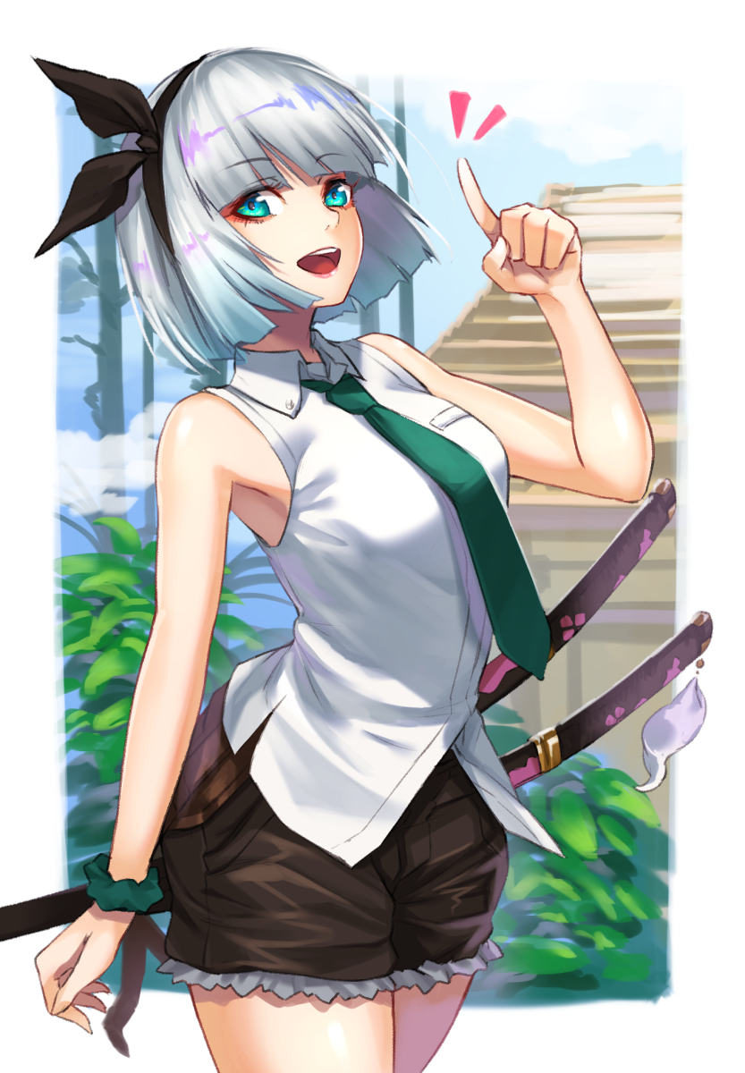 1girl :d alternate_costume aqua_eyes bangs bare_arms bare_shoulders black_hairband black_ribbon black_shorts blunt_bangs border breasts commentary_request cowboy_shot eyebrows_visible_through_hair green_neckwear green_scrunchie hair_ribbon hairband hand_up highres index_finger_raised katana konpaku_youmu looking_at_viewer medium_breasts necktie open_mouth outside_border re_(re_09) ribbon scabbard scrunchie sheath sheathed shirt short_hair short_shorts shorts silver_hair sleeveless sleeveless_shirt smile solo standing sword touhou weapon white_border white_shirt wrist_scrunchie