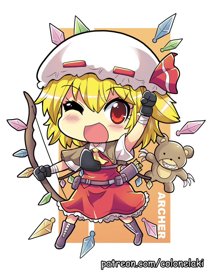 1girl arm_up armband arrow_(projectile) bangs belt black_gloves blonde_hair boots bow claws collarbone colonel_aki commentary_request crystal dress eyebrows_visible_through_hair flandre_scarlet frilled_dress frills gloves hair_between_eyes looking_at_viewer one_eye_closed open_mouth quiver red_dress red_eyes red_ribbon ribbon ribbon-trimmed_headwear ribbon_trim short_hair short_sleeves smile solo stuffed_animal stuffed_toy teddy_bear touhou white_frills white_headwear white_sleeves wings yellow_neckwear