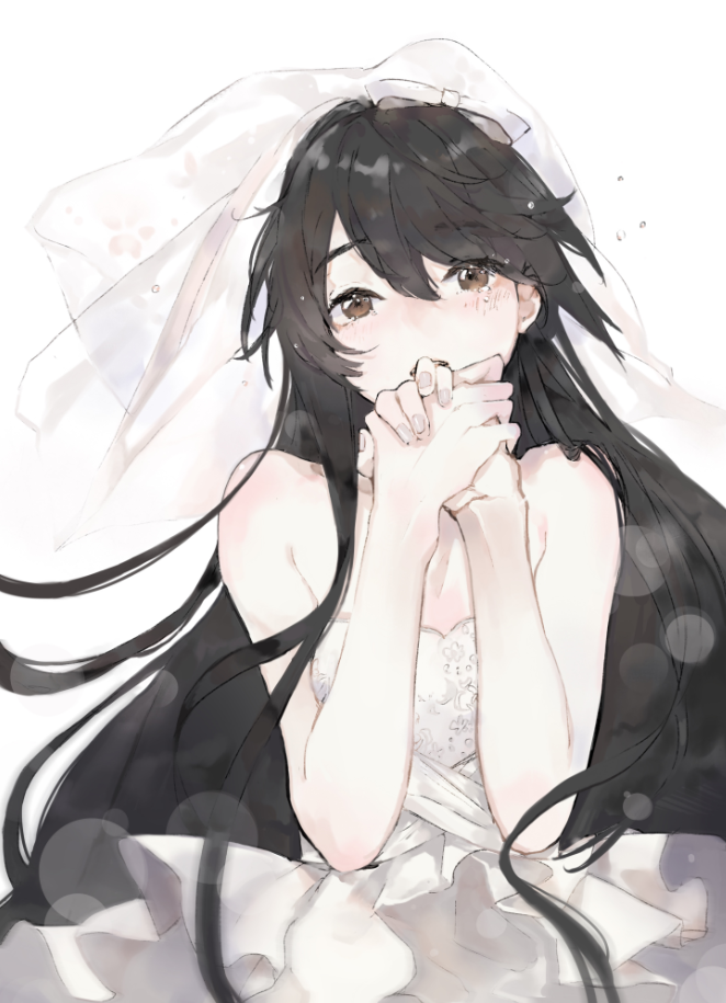 1girl bangs black_hair blush brown_eyes commentary_request dress eyebrows_visible_through_hair hair_between_eyes hands_together haruna_(kantai_collection) kantai_collection long_hair neko_(ganecooo) open_mouth simple_background sleeveless sleeveless_dress solo tears twitter_username veil wedding_dress white_background white_dress