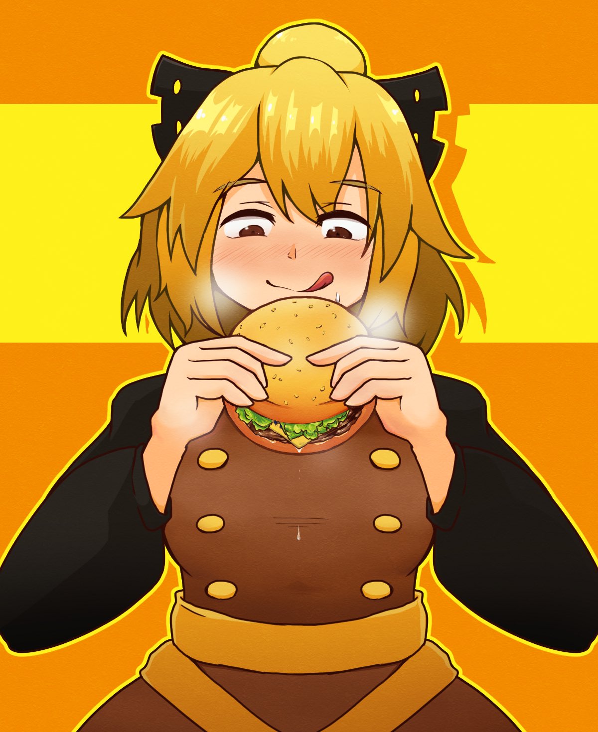 1girl black_ribbon blonde_hair blush brown_dress brown_eyes buttons commentary_request dress food hair_between_eyes hair_ribbon hamburger highres holding holding_food kide_koushin kurodani_yamame lettuce licking_lips long_sleeves multicolored multicolored_background orange_background ribbon short_hair simple_background skirt smile steam suspender_skirt suspenders tongue tongue_out touhou upper_body yellow_background yellow_ribbon