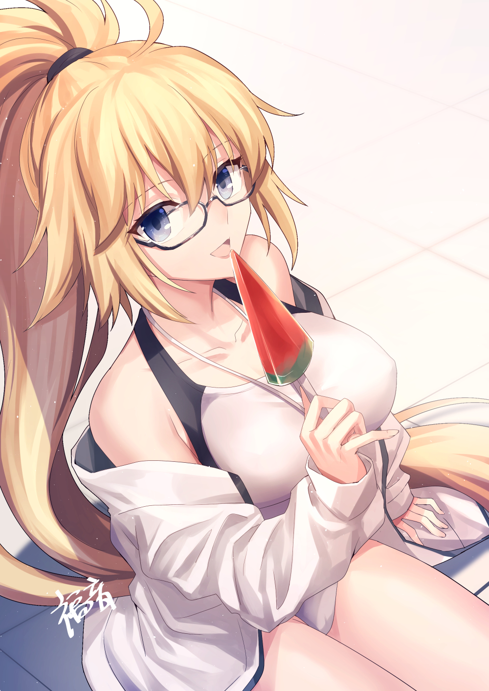 1girl bangs blonde_hair blue_eyes blush breasts fate/grand_order fate_(series) glasses gogatsu_fukuin highres jacket jeanne_d'arc_(fate)_(all) jeanne_d'arc_(swimsuit_archer) large_breasts long_hair long_sleeves looking_at_viewer open_mouth ponytail short_hair swimsuit whistle whistle_around_neck white_jacket white_swimsuit