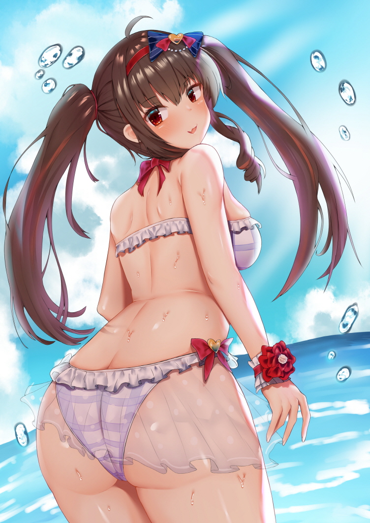 1girl ahoge ass back bare_arms bare_shoulders bikini blue_bow blue_sky bow breasts brown_hair butt_crack chlgksk110 clouds day fang flower frilled_bikini frills from_behind hair_bow hairband light_smile lily_bloomerchen long_hair looking_at_viewer looking_back medium_breasts outdoors parted_lips purple_bikini red_eyes red_flower red_hairband see-through skin_fang sky solo soul_worker striped striped_bikini summer swimsuit twintails water wet wrist_cuffs