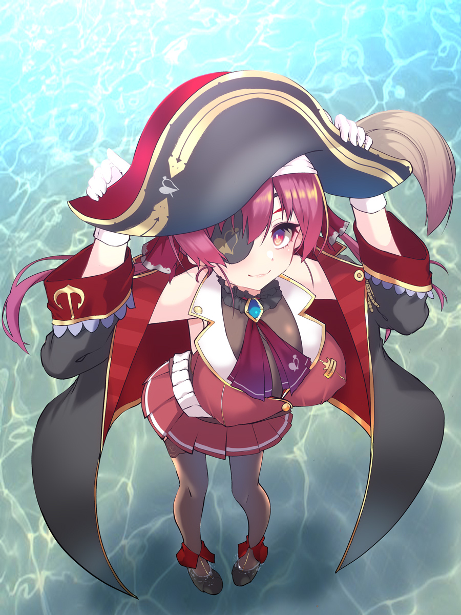 1girl bodysuit breasts coat commentary_request eyepatch gloves hat highres hololive houshou_marine long_hair looking_at_viewer okuri_banto pirate pirate_hat pleated_skirt purple_hair red_eyes skirt smile solo thigh-highs white_gloves