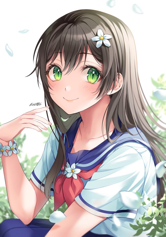 1girl bang_dream! black_hair blouse blue_skirt blurry blurry_background blush collarbone cosplay crossover facing_to_the_side flower flower_bracelet flower_neckwear green_eyes hair_flower hair_ornament hanazono_tae hime_cut long_hair looking_at_viewer minori_(faddy) motion_blur petals plant red_neckwear saten_ruiko saten_ruiko_(cosplay) school_uniform sitting skirt smile solo to_aru_kagaku_no_railgun to_aru_majutsu_no_index twitter_username white_blouse