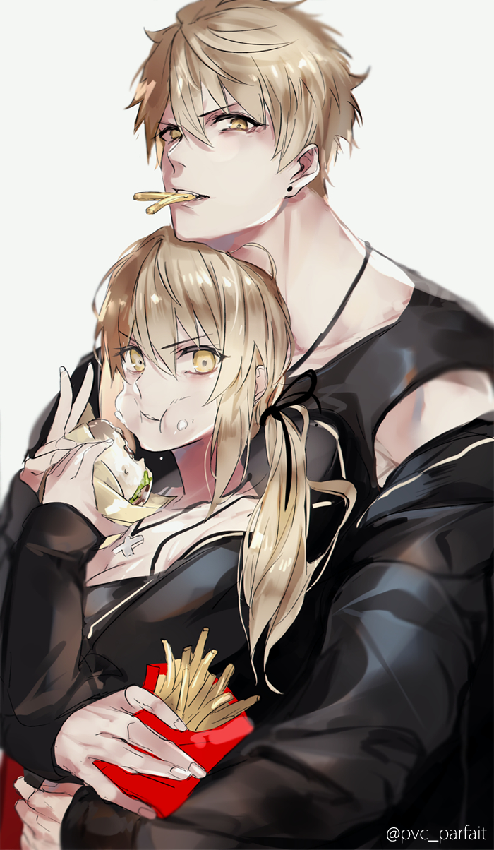 1boy 1girl alternate_costume alternate_design arthur_pendragon_(fate) artoria_pendragon_(all) bangs black_jacket blonde_hair chewing chips collarbone couple earrings eating fate/grand_order fate/stay_night fate_(series) food food_on_face hair_between_eyes hamburger hetero highres holding holding_food hug hug_from_behind jacket jewelry long_sleeves looking_at_viewer necklace open_mouth potato_chips pvc_parfait saber_alter shiny shiny_hair sleeveless undressing upper_body yellow_eyes