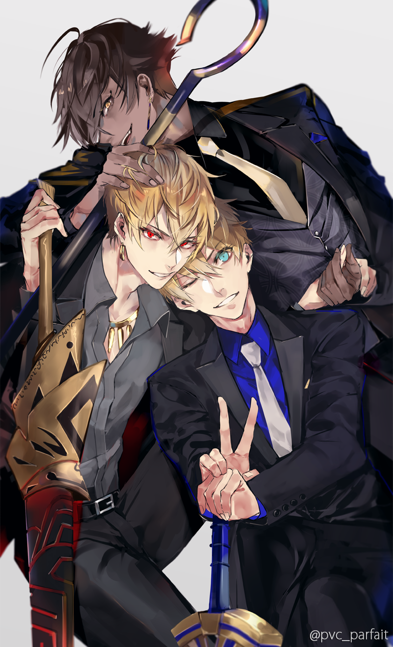 3boys ahoge arthur_pendragon_(fate) artist_name belt black_pants blonde_hair blue_shirt brown_hair earrings excalibur_(fate/prototype) fate/grand_order fate_(series) formal gilgamesh green_eyes hair_between_eyes hand_on_another's_head head_to_head highres holding holding_hands holding_weapon jewelry looking_at_viewer male_focus multiple_boys necklace necktie open_mouth ozymandias_(fate) pants pvc_parfait red_eyes shirt simple_background smile staff suit sword twitter_username v weapon yellow_neckwear